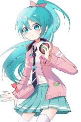 1girl alternate_costume aqua_eyes aqua_hair aqua_nails aqua_skirt buttons fingernails g1gigi_0918 hatsune_miku hatsune_miku_(ribbon_girl) headphones headphones_around_neck highres light_blush looking_at_viewer necktie pink_sweater pleated_skirt ponytail project_diva_(series) shirt simple_background skirt smile solo sweater thighhighs vocaloid white_background white_shirt white_thighhighs