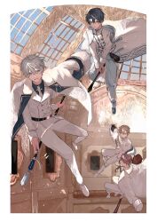 22kolink 2boys 4boys belt black_hair broom broom_riding cape hair_between_eyes highres holding indoors jacket long_sleeves male_focus multiple_boys original pants sheath shirt short_hair smile white_hair white_jacket white_pants