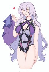1girl alternate_costume black_swan_(honkai:_star_rail) breasts charathegay criss-cross_halter hair_between_eyes halterneck heart highres holding_veil honkai:_star_rail honkai_(series) large_breasts leotard long_hair purple_hair purple_leotard purple_veil simple_background solo strap veil very_long_hair white_background yellow_eyes
