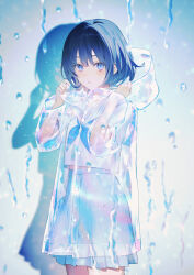 1girl achiki blue_eyes blue_hair blue_neckerchief blue_skirt blush clothes_grab cowboy_shot highres hood hood_down hood_grab long_sleeves looking_at_viewer midriff_peek miniskirt neckerchief original parted_lips pleated_skirt raincoat sailor_collar school_uniform see-through_clothes see-through_raincoat serafuku short_hair short_sleeves signature skirt solo standing water_drop white_sailor_collar score:2 rating:general Rule 34 | 1girl, achiki, blue eyes, blue hair, blue neckerchief, blue skirt, blush, clothes grab, cowboy shot, highres, hood, hood down, hood grab, long sleeves, looking at viewer, midriff peek, miniskirt, neckerchief, original, parted lips, pleated skirt, raincoat, sailor collar, school uniform, see-through clothes, see-through raincoat, serafuku, short hair, short sleeves, signature, skirt, solo, standing, water drop, white sailor collar
