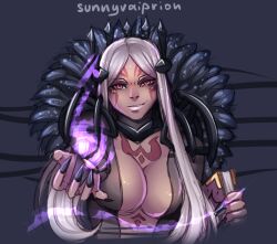 1girl aura aversa_(fire_emblem) black_nails book breasts cleavage dark-skinned_female dark_aura dark_skin facial_mark feathers female_focus fingernails fire fire_emblem fire_emblem_awakening large_breasts long_fingernails long_hair looking_at_viewer magic nail_polish navel nintendo parted_bangs smile solo sunnyvaiprion upper_body watermark white_hair