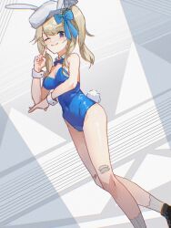 1girl alternate_costume animal_ears bandaid bandaid_on_knee bandaid_on_leg bare_shoulders beret black_footwear blonde_hair blue_bow blue_bowtie blue_eyes blue_leotard bow bowtie breasts closed_mouth collar commentary cross-laced_footwear danraz0r detached_collar english_commentary fake_animal_ears fake_tail girls&#039;_frontline girls&#039;_frontline_2:_exilium hair_bow hat highres leotard long_hair one_eye_closed one_side_up playboy_bunny rabbit_ears rabbit_tail simple_background smile socks solo tail vepley_(girls&#039;_frontline_2) white_collar white_hat white_socks white_wrist_cuffs wrist_cuffs