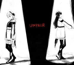 2girls ampere_(love_live!) braid center-flap_bangs coat commentary dollchestra english_text fishnet_pantyhose fishnets full_body greyscale hairband half_updo kachimachi_kosuzu link!_like!_love_live! long_hair long_sleeves love_live! midriff monochrome multiple_girls murano_sayaka off-shoulder_coat off_shoulder open_clothes open_coat pantyhose shadow shirt shoes side_braids sleeveless sleeveless_shirt spot_color spotlight standing suito thighhighs torn_clothes torn_thighhighs virtual_youtuber