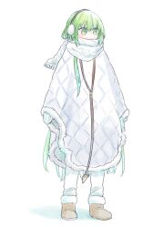 1other androgynous boots brown_boots cloak commentary_request earmuffs enkidu_(fate) fate/strange_fake fate_(series) full_body fur-trimmed_boots fur_cloak fur_trim green_eyes green_hair himeko_(nico6v6pachi) long_hair mittens other_focus pants scarf scarf_over_mouth solo very_long_hair white_mittens white_pants white_scarf