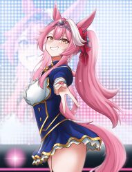 1girl absurdres animal_ear_fluff animal_ears artist_glove bow cosplay daiwa_scarlet_(umamusume) daiwa_scarlet_(umamusume)_(cosplay) dress ear_bow ear_ornament ear_ribbon eyeshadow foku_(fokufokuu) hair_intakes hair_ornament highres hololive hololive_english horse_ears horse_girl horse_tail idol kemonomimi_mode makeup multicolored_hair panther_ears panther_girl panther_tail pink_eyeshadow pink_hair raora_panthera smile stage stage_lights streaked_hair tail umamusume vest virtual_youtuber white_vest