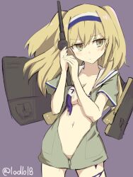 10011018 1girl blonde_hair blue_one-piece_swimsuit blush breasts closed_mouth gun hair_between_eyes hairband holding holding_gun holding_weapon i-26_(kancolle) kantai_collection long_hair medium_breasts one-hour_drawing_challenge one-piece_swimsuit open_clothes partially_unzipped rigging sailor_collar short_sleeves simple_background solo swimsuit torn_clothes torn_swimsuit twitter_username weapon white_sailor_collar zipper_pull_tab