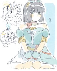 ... 2girls =_= ampere_(love_live!) aqua_dress bare_shoulders black_hair blue_gloves blunt_bangs blunt_ends bow_hairband braid celebration!_(love_live!) center-flap_bangs closed_eyes closed_mouth collarbone colored_speech_bubble commentary detached_sleeves dress expressionless full_body gloves green_eyes hairband highres kachimachi_kosuzu link!_like!_love_live! long_hair love_live! momose_ginko multiple_girls multiple_views puffy_short_sleeves puffy_sleeves short_hair short_sleeves side_braids solo_focus speech_bubble spoken_ellipsis strapless strapless_dress symbol-only_commentary virtual_youtuber woodonly yellow_hairband yuri