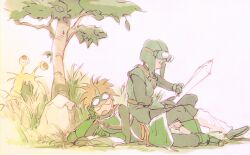 1980s_(style) 2boys blue_hat blue_tunic brown_hair cleaning cleaning_weapon dragon_quest dragon_quest_ii gloves goggles goggles_on_headwear green_gloves green_tabard hat highres holding holding_sword holding_weapon lying mari-mason monster multiple_boys oldschool on_side open_mouth outdoors prince_of_lorasia prince_of_samantoria rock sleeping sword tabard tree tunic weapon yawning