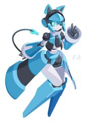 Rule 34 | 1girl, animal ears, azu (yu de ta ya tu), blue eyes, blue helmet, cat ears, colored skin, crosshair pupils, helmet, highres, humanoid robot, joints, metal skin, no mouth, one eye closed, original, robot, robot girl, robot joints, simple background, solo, tail, white background