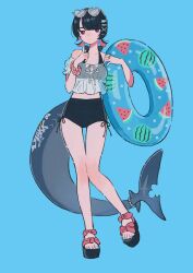 Rule 34 | 1girl, alternate costume, bikini, black bikini, black hair, blue background, blue nails, breasts, commentary request, ellen joe, eyewear on head, fins, fish tail, full body, hair ornament, hairclip, heart, heart-shaped eyewear, highres, innertube, jewelry, medium breasts, multiple rings, red eyes, red hair, ring, sandals, scrunchie, see-through clothes, see-through shirt, shark girl, shark tail, shiro chan46, shirt, short hair, short twintails, simple background, solo, swim ring, swimsuit, tail, twintails, white shirt, wrist scrunchie, x hair ornament, zenless zone zero
