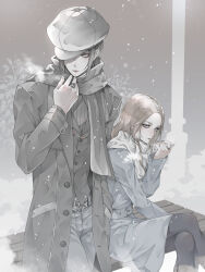 1boy 1girl belt bench black_hair black_pantyhose breasts brown_hair crossed_legs denim dress hat highres jeans jewelry lips long_hair looking_at_viewer nitta_isamu pants pantyhose ring ryokuyuu scarf shin_megami_tensei shin_megami_tensei_iii:_nocturne skirt snow tachibana_chiaki_(megami_tensei) torn_clothes