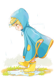1boy absurdres animal_ears blonde_hair blush boots child closed_mouth far_tarooo grass highres hood hood_up hooded_coat male_focus noru_(far_tarooo) original outdoors outstretched_arm parted_bangs pocket puddle rabbit_boy rabbit_ears rain raincoat rubber_boots see-through_clothes see-through_headwear smile solo standing standing_on_one_leg visor_cap white_background yellow_boots yellow_eyes yellow_trim