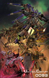 absurdres artist_name energy_sword blue_eyes brayanong999 char&#039;s_counterattack char&#039;s_counterattack_-_beltorchika&#039;s_children crossbone_gundam crossbone_gundam_x-1 f91_gundam fin_funnels glowing glowing_eye gun gundam gundam_f91 gundam_hathaway&#039;s_flash gundam_unicorn hi-nu_gundam highres holding holding_gun holding_sword holding_weapon mecha mobile_suit no_humans nt-d robot science_fiction shield skull_and_crossbones sword unicorn_gundam v-fin v2_gundam victory_gundam watermark weapon xi_gundam