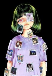1girl black_background black_hair bleeding blood blood_on_face bloody_tears blunt_bangs bruise bullying cogum3li depressed drugs grave highres horror_(theme) injury looking_at_viewer original photo_(object) pill purple_shirt red_eyes scar scar_on_arm self-harm shirt short_hair short_sleeves simple_background slit_wrist solo