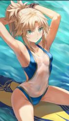 1girl blush fate_(series) female_focus highres looking_at_viewer mordred_(fate) one-piece_swimsuit solo swimsuit tonee wet wet_clothes wet_swimsuit