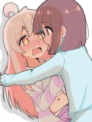 2girls ahoge blue_hair blue_pajamas blunt_bangs blush brown_eyes brown_hair colored_inner_hair commentary face-to-face flustered hair_between_eyes heart heart_in_eye highres hiro_(05112423) hozuki_momiji long_hair long_sleeves midriff multicolored_hair multiple_girls navel nose_blush onii-chan_wa_oshimai! open_clothes open_mouth oyama_mahiro pajamas pink_hair short_hair simple_background striped_clothes striped_pajamas sweat symbol_in_eye two-tone_hair wavy_mouth white_background yuri