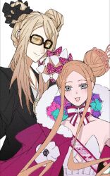 1boy 1girl 24621898 :3 abigail_williams_(fate) abigail_williams_(santa)_(fate) black_bow blonde_hair bow double_bun dress fate/grand_order fate_(series) hair_bun highres looking_at_another looking_at_viewer strapless strapless_dress sunglasses tezcatlipoca_(fate) white_dress