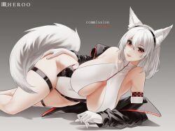 1girl absurdres animal_ears artist_name bare_shoulders black_hairband black_jacket breasts cleavage clothes_pull commentary elbow_gloves english_commentary feet_out_of_frame fox_ears fox_girl fox_tail garter_straps gloves grey_background hairband hand_on_floor hand_on_own_thigh highres jacket jacket_pull large_breasts leotard light_smile long_hair long_sleeves looking_at_viewer louu_heroo lying on_side open_clothes open_jacket open_mouth original parted_lips race_queen red_eyes simple_background solo tail thighs white_gloves white_hair white_leotard