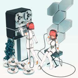 2girls arm_support ass blunt_bangs bodysuit breasts brown_eyes chikuwa_fan973 headphones high_heels highres large_breasts looking_at_viewer multiple_girls original parted_lips red_hair reel-to-reel_tape_recorder short_hair sitting standing white_bodysuit