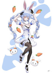Rule 34 | 1girl, absurdres, animal ear fluff, animal ears, ankle garter, arm up, black gloves, black leotard, black pantyhose, blue hair, braid, breasts, carrot, carrot hair ornament, clothing cutout, coat, coat dress, colored shoe soles, detached sleeves, don-chan (usada pekora), dress, food-themed hair ornament, frilled thigh strap, full body, fur-trimmed coat, fur-trimmed gloves, fur scarf, fur trim, gloves, hair ornament, hashtag-only commentary, highres, hikimayu, hololive, kitada mo, leotard, leotard under clothes, long hair, looking at viewer, mary janes, multicolored hair, orange eyes, pantyhose, pekomon (usada pekora), playboy bunny, puffy detached sleeves, puffy short sleeves, puffy sleeves, rabbit-shaped pupils, rabbit ears, rabbit girl, rabbit pose, red eyes, scarf, shoes, short eyebrows, short sleeves, sidelocks, simple background, small breasts, solo, strapless, strapless leotard, symbol-shaped pupils, thick eyebrows, thigh strap, twin braids, twintails, two-tone hair, underboob cutout, usada pekora, usada pekora (1st costume), virtual youtuber, white coat, white hair, white scarf, white shoes, white sleeves