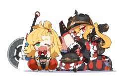 2boys 2girls blonde_hair bricky_(zenless_zone_zero) chibi full_body goggles grassy_(zenless_zone_zero) green_eyes helmet looking_at_viewer luciana_de_montefio multiple_boys multiple_girls one_eye_closed orange_eyes pig piper_wheel shorts simple_background taru_haru twitter white_background woody_(zenless_zone_zero) zenless_zone_zero