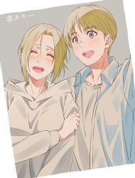 1boy 1girl :d ^_^ annie_leonhart armin_arlert blonde_hair blue_eyes blue_shirt blush closed_eyes collared_shirt commentary_request couple facing_viewer grasshopper193 grey_background grey_hoodie grey_shirt hood hood_down hoodie looking_at_viewer open_clothes open_mouth open_shirt shingeki_no_kyojin shirt short_hair simple_background smile teeth translated upper_body upper_teeth_only
