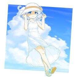 Rule 34 | 1girl, ahoge, alternate costume, blue eyes, blue sky, bucket hat, cloud, dontbuffthepuff, dress, full body, hair through headwear, hat, highres, kantai collection, natsugumo (kancolle), short hair, sky, sleeveless, sleeveless dress, solo, toeless footwear, white dress, white hair, white hat