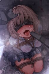 1girl absurdres at_gunpoint bdsm blindfold blush bondage bound bra_visible_through_clothes commentary_request guro highres huyunokure miniskirt open_mouth original peril pleated_skirt restrained shirt skirt solo_focus textless_version white_shirt