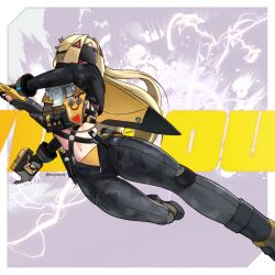 1girl black_blindfold black_pants blindfold blonde_hair camouflage camouflage_jacket camouflage_pants covered_eyes feet_out_of_frame gun hair_ornament holding holding_gun holding_weapon jacket latex_pants long_hair midriff morynocle navel pants tight_clothes tight_pants triangle_hair_ornament trigger_(zenless_zone_zero) weapon zenless_zone_zero zipper_pull_tab