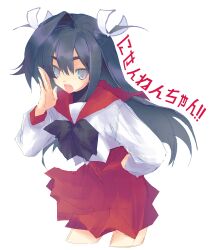 Rule 34 | 1girl, absurdres, artist self-insert, black hair, black ribbon, black undershirt, chinese commentary, commentary request, cropped legs, grey eyes, hair ribbon, hand on own hip, hand to own mouth, hand up, highres, leaning forward, long hair, long sleeves, looking at viewer, neck ribbon, open mouth, original, pleated skirt, red sailor collar, red skirt, ribbon, sailor collar, school uniform, serafuku, shirt, simple background, single hair intake, skirt, solo, tako3000, translation request, two side up, white background, white ribbon, white shirt