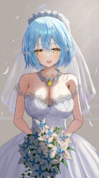 1girl absurdres ahoge alternate_costume blue_hair blush bouquet breasts chest_jewel cleavage collarbone commentary_request cowboy_shot dress elf flower grey_background heart heart_ahoge highres holding holding_bouquet hololive large_breasts pointy_ears short_hair simple_background solo strapless strapless_dress veil virtual_youtuber wedding_dress white_dress winvita yukihana_lamy