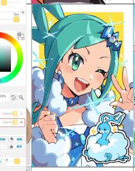 1girl ;d altaria arm_warmers art_program_in_frame blue_collar blue_vest blush clenched_hand collar commentary_request earrings eyelashes gen_3_pokemon green_eyes green_hair hair_ornament hands_up happy jewelry lisia_(pokemon) nintendo one_eye_closed open_mouth pokemon pokemon_oras ponytail sidelocks smile tako2_eaka teeth tongue upper_teeth_only vest white_arm_warmers