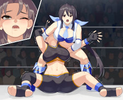 2girls absurdres ass blue_dress breasts commission dress fingerless_gloves gloves highres kano_ruri low_ponytail multiple_girls pixiv_commission ponytail ring_dream wrestling wrestling_outfit wrestling_ring yagi2013