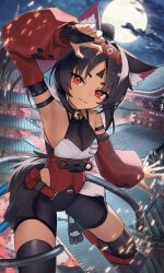 1girl animal_ear_fluff animal_ears black_hair cable cable_tail cat_ears cat_girl cityscape closed_mouth cloud cowboy_shot dark-skinned_female dark_skin facial_mark fingernails forehead_mark highres house long_hair looking_at_viewer mechanical_tail moon moonlight multiple_tails nekomiya_mana night night_sky on_roof outdoors parted_bangs red_eyes rooftop sky smile solo tail thomas_8000 two_tails zenless_zone_zero
