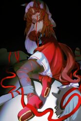 1girl absurdres akared animal_ears breasts brown_hair commentary_request dark_background detached_sleeves glowing glowing_eyes hair_between_eyes hair_ornament highres horse_ears horse_girl looking_at_viewer red_eyes shoes solo still_in_love_(umamusume) string string_of_fate thighhighs umamusume veil