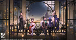 Rule 34 | 4girls, ankle strap, ass, bird, black panties, black shoes, blue bird, blue dress, bra, bra visible through clothes, breasts, bridge, brown bra, brown dress, brown gloves, brown pantyhose, brown thighhighs, china dress, chinese clothes, chinese commentary, cleavage, commentary request, contrapposto, covered navel, crossed legs, curvy, double bun, dress, elbow gloves, fan to mouth, feather boa, floral print, folded fan, folding fan, from side, full body, full moon, gloves, gold trim, green dress, green eyes, hair bun, hand fan, hat, high-waist pantyhose, high heels, highres, holding, holding fan, lace, lace-trimmed bra, lace-trimmed gloves, lace trim, large breasts, looking at viewer, looking over eyewear, mature female, mini hat, moon, mountainous horizon, multiple girls, night, night sky, original, panties, panty straps, pantyhose, pelvic curtain, purple eyes, red dress, red lips, red shoes, reflective floor, rong767361929, scenery, scroll, see-through clothes, see-through dress, see-through pelvic curtain, shoes, short sleeves, sitting, skindentation, sky, sleeveless, sleeveless dress, standing, stiletto heels, sunglasses, thighhighs, underwear, white pantyhose, wooden floor, yellow eyes