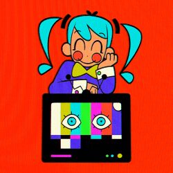 Rule 34 | 1girl, ^ ^, blue hair, blue shirt, bow, circle facial mark, closed eyes, closed mouth, crt, cryptidhermit, eyelashes, floating hair, hatsune miku, highres, leaning on object, long hair, open mouth, orange background, shirt, simple background, smile, solo, static (vocaloid), test card, twintails, vocaloid, yellow bow