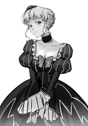absurdres beatrice_(umineko) breasts choker cleavage dress eyelashes greyscale highres lips monochrome puffy_sleeves umineko_no_naku_koro_ni uneasywolf updo