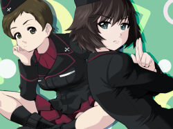 Rule 34 | 2girls, ankle boots, black footwear, black hair, black hat, black jacket, black socks, blue eyes, boots, brown eyes, brown hair, closed mouth, dress shirt, frown, garrison cap, girls und panzer, hand on own face, hat, head rest, hida ema, highres, indian style, insignia, jacket, kojima emi, kuromorimine military uniform, leaning forward, long sleeves, looking at viewer, looking back, military hat, military uniform, miniskirt, multiple girls, pleated skirt, red shirt, red skirt, salute, shadow, shirt, short hair, sitting, skirt, socks, two-finger salute, very short hair, wing collar, yoyokkun