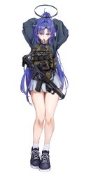 1girl absurdres adjusting_hair alternate_costume ammunition_pouch arms_up as_val assault_rifle black_halo black_shoes black_sweater blue_archive clov3r commentary_request cowboy_shot eotech grey_skirt gun gun_sling hair_between_eyes halo highres kalashnikov_rifle korean_commentary legs_together load_bearing_vest long_hair long_sleeves looking_at_viewer magazine_(weapon) mechanical_halo mouth_hold pleated_skirt ponytail pouch puffy_long_sleeves puffy_sleeves purple_eyes purple_hair ribbon ribbon_in_mouth rifle shoes simple_background skirt socks solo standing suppressor sweater tying_hair very_long_hair weapon white_background white_socks yuuka_(blue_archive)
