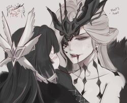 2girls anger_vein black_fur black_gloves black_hair blonde_hair blood blood_from_mouth blush coat collarbone columbina_(genshin_impact) commentary earrings english_commentary english_text eni_(enidaisy69) eyepatch forehead_protector from_behind fur-trimmed_coat fur_trim genshin_impact gloves grey_background grey_eyes hair_wings hand_on_another&#039;s_face hashtag-only_commentary highres jewelry kiss long_hair looking_at_another multicolored_hair multiple_girls open_mouth pale_skin pink_hair portrait signora_(genshin_impact) simple_background teeth two-tone_hair yuri