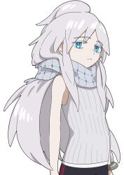 1girl bare_shoulders blue_eyes closed_mouth commentary_request deux_murasame expressionless flat_chest freckles grey_hair grey_scarf gundam gundam_gquuuuuux highres long_hair looking_at_viewer scarf simple_background solo white_background yy_shibata