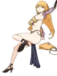 1girl arabian_clothes ass bag bare_legs bikini blonde_hair breasts closed_mouth commentary controller dancer detached_sleeves full_body gold_bikini handbag high_heels highres holding holding_remote_control invisible_chair large_breasts long_hair looking_at_viewer pelvic_curtain purple_sleeves remote_control shokuhou_misaki siberian_khatru sitting solo star-shaped_pupils star_(symbol) star_print swimsuit symbol-shaped_pupils toaru_kagaku_no_mental_out toaru_kagaku_no_railgun toaru_majutsu_no_index white_background yellow_eyes