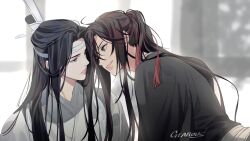2boys artist_name bishounen black_hair black_hanfu chinese_clothes eye_contact gearous grey_eyes hair_ornament hair_ribbon hanfu headband high_ponytail highres lan_wangji long_hair long_sleeves looking_at_another male_focus modao_zushi multiple_boys parted_lips ponytail red_ribbon ribbon robe sidelocks smile tassel tassel_hair_ornament topknot upper_body wei_wuxian white_hanfu white_headband window xiao_guan_(headdress) yaoi yellow_eyes