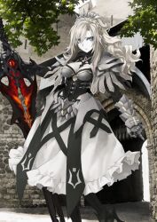 Rule 34 | 1girl, arm at side, armor, balmung kriemhild (fate), black boots, black collar, black corset, black gloves, black pantyhose, black sleeves, blue eyes, boobplate, boots, braid, breastplate, breasts, cleavage, closed mouth, clothing cutout, collar, corset, crown braid, curtained hair, detached sleeves, fate/grand order, fate (series), feet out of frame, frown, game cg, gauntlets, gloves, hair over one eye, hand up, high collar, high heels, holding, holding sword, holding weapon, konoe ototsugu, kriemhild (fate), kriemhild (third ascension) (fate), large breasts, long hair, long sidelocks, long sleeves, looking at viewer, medium skirt, mole, mole under eye, official art, outstretched arm, pale skin, pantyhose, parted bangs, pauldrons, ponytail with braided base, shoulder armor, sidelocks, skirt, solo, standing, strapless, swept bangs, sword, third-party source, tiara, v-shaped eyebrows, variant set, weapon, white hair, white skirt, wide ponytail