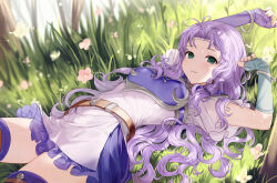 1girl armor asymmetrical_gloves breastplate breasts commission fingerless_gloves fire_emblem fire_emblem:_the_blazing_blade florina_(fire_emblem) frilled_vest frills gloves grass green_eyes haru_(nakajou-28) long_hair looking_at_viewer lying mismatched_gloves nintendo on_back outdoors purple_hair small_breasts smile solo thighs vest white_vest