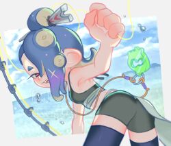1girl bike_shorts fangs fishing_line fishing_rod hair_over_one_eye leaning_forward looking_at_viewer looking_back nintendo ocean open_mouth outdoors red_eyes satokichi shiver_(splatoon) shiver_(splatoon_raiders) smile solo splatoon_(series) splatoon_raiders tank_top tentacle_hair thighhighs water water_drop