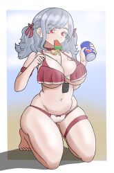 absurdres armband bare_shoulders barefoot bell bikini braid breasts can catahuct choker drink_can food girls&#039;_frontline girls&#039;_frontline_2:_exilium grey_hair hair_tie highres holding holding_can large_breasts looking_at_viewer navel neck_bell popsicle red_bikini red_eyes sabrina_(girls&#039;_frontline_2) sabrina_(strawberry_zabaione)_(girls&#039;_frontline_2) short_hair soda_can spas-12_(girls&#039;_frontline) swimsuit thick_eyelashes thick_thighs thighs three-toned_background twintails watermelon_bar