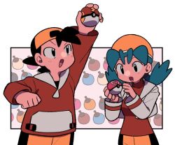 1boy 1girl :d arm_up backwards_hat black_eyes cropped_jacket ethan_(pokemon) fast_ball flipped_hair hands_up hat holding holding_poke_ball jacket kris_(pokemon) long_sleeves looking_down looking_up love_ball nintendo open_clothes open_jacket open_mouth poke_ball pokemon pokemon_gsc red_shirt shirt shorts smile twintails tyako_089 yellow_shorts