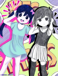 Rule 34 | 2girls, :d, :o, absurdres, adjusting hair, alternate hairstyle, antenna hair, aqua dress, aubrey (headspace) (omori), aubrey (omori), bare arms, bare shoulders, black eyes, black hair, black skirt, black tank top, black thighhighs, blue hair, blush, bow, breasts, bright pupils, chiroru www427, chromatic aberration, collarbone, colored skin, commentary request, double-parted bangs, dress, empty eyes, feet out of frame, game screenshot background, genderswap, genderswap (mtf), hair between eyes, hair bow, highres, long hair, looking at viewer, low twintails, miniskirt, multiple girls, no pupils, notice lines, omori, omori (omori), open mouth, pink bow, pleated skirt, round teeth, screenshot background, short dress, short hair, short sleeves, short twintails, simple background, skirt, small breasts, smile, standing, striped clothes, striped skirt, swept bangs, tank top, teeth, thighhighs, tongue, twintails, twitter username, two-tone skirt, upper teeth only, vertical-striped clothes, vertical-striped skirt, white pupils, white skin, white skirt, zettai ryouiki